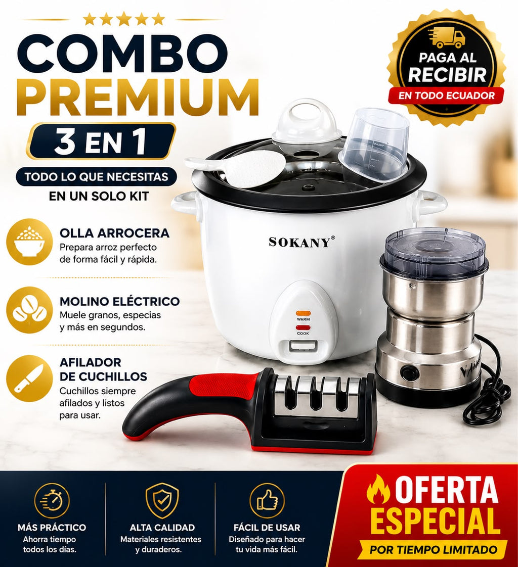 ChefMaster 3 en 1™ | Arrocera + Molino Eléctrico + Afilador de Cuchillos