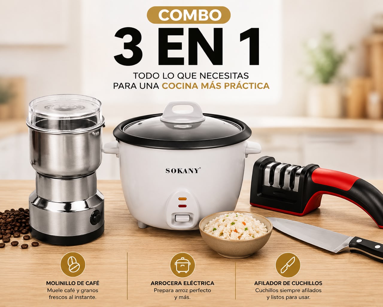 ChefMaster 3 en 1™ | Arrocera + Molino Eléctrico + Afilador de Cuchillos