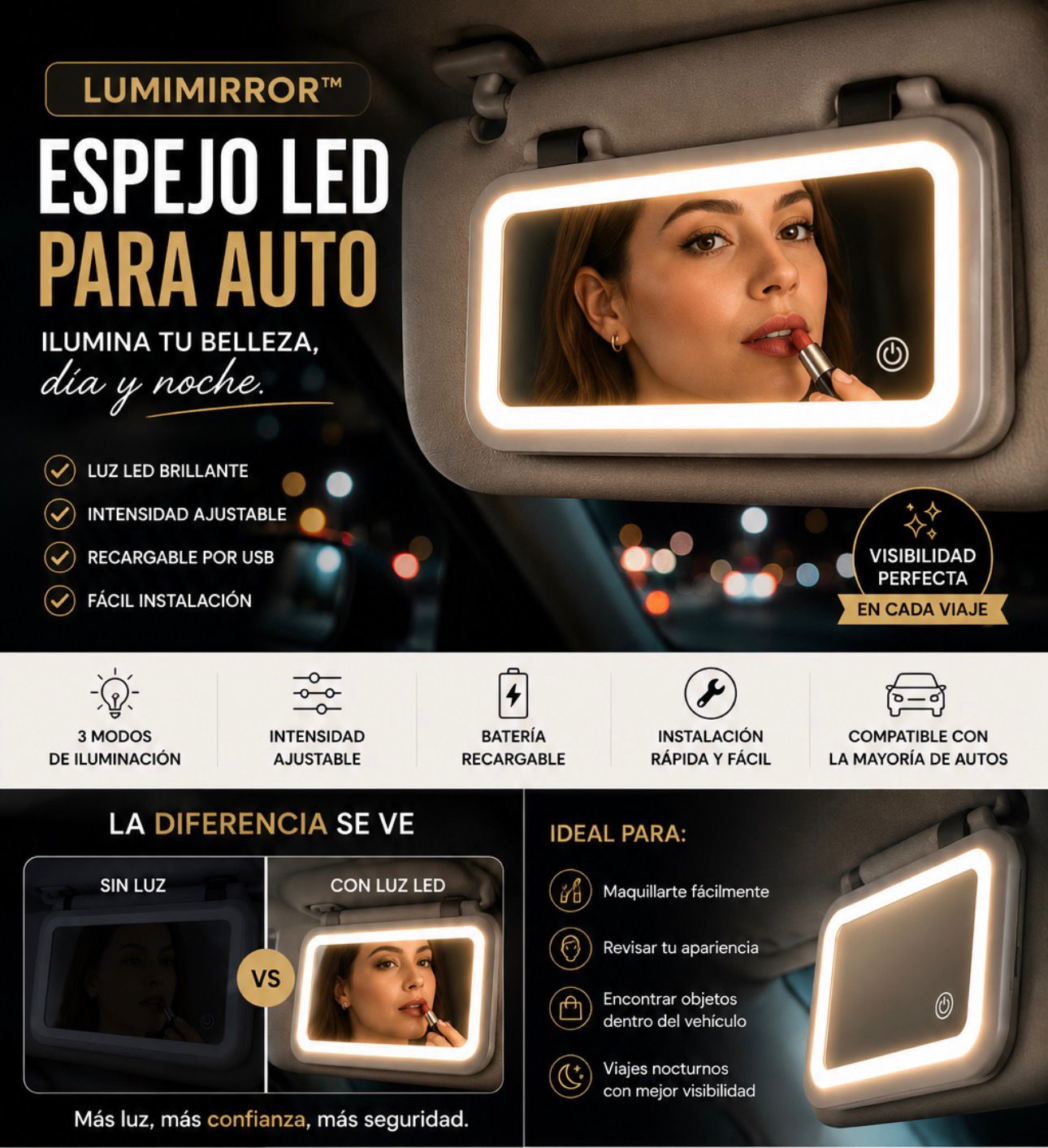 LumiMirror™ LED Pro | Espejo para Auto con Luz LED Ajustable - 50%OFF